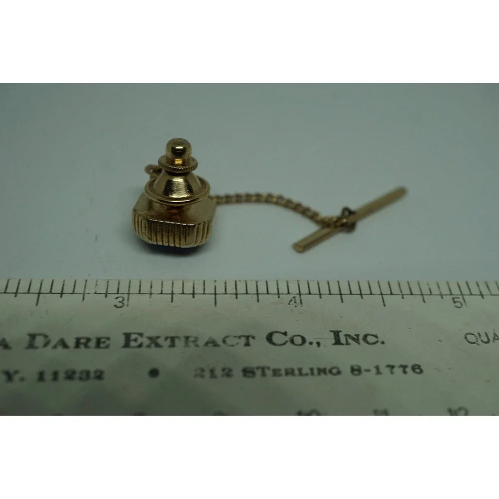 Swank Vintage Mens Tie Tack Gold Tone Blue Crystal Square Stone with Chain Bar
